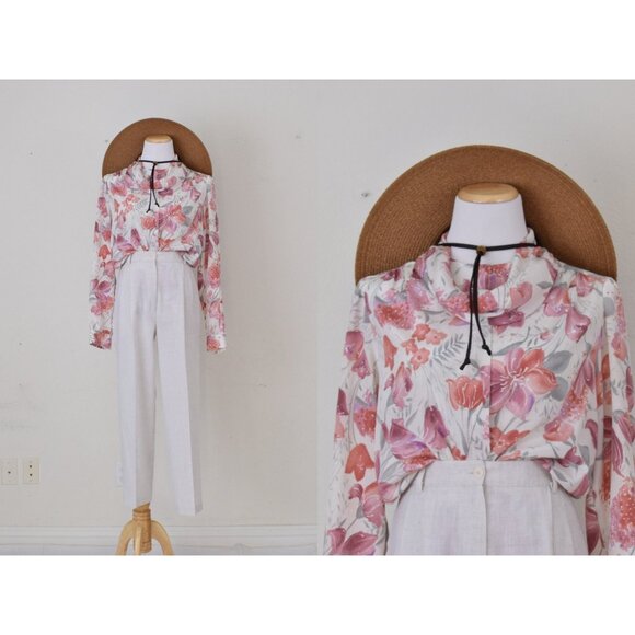 Vintage 80s pink Floral Polyester Button up‎ Blouse by Pykettes size 16 - Picture 1 of 10